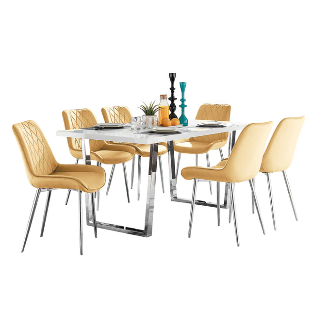 Dunloe - Large High Gloss White Dining Table & Mustard Maya Chairs