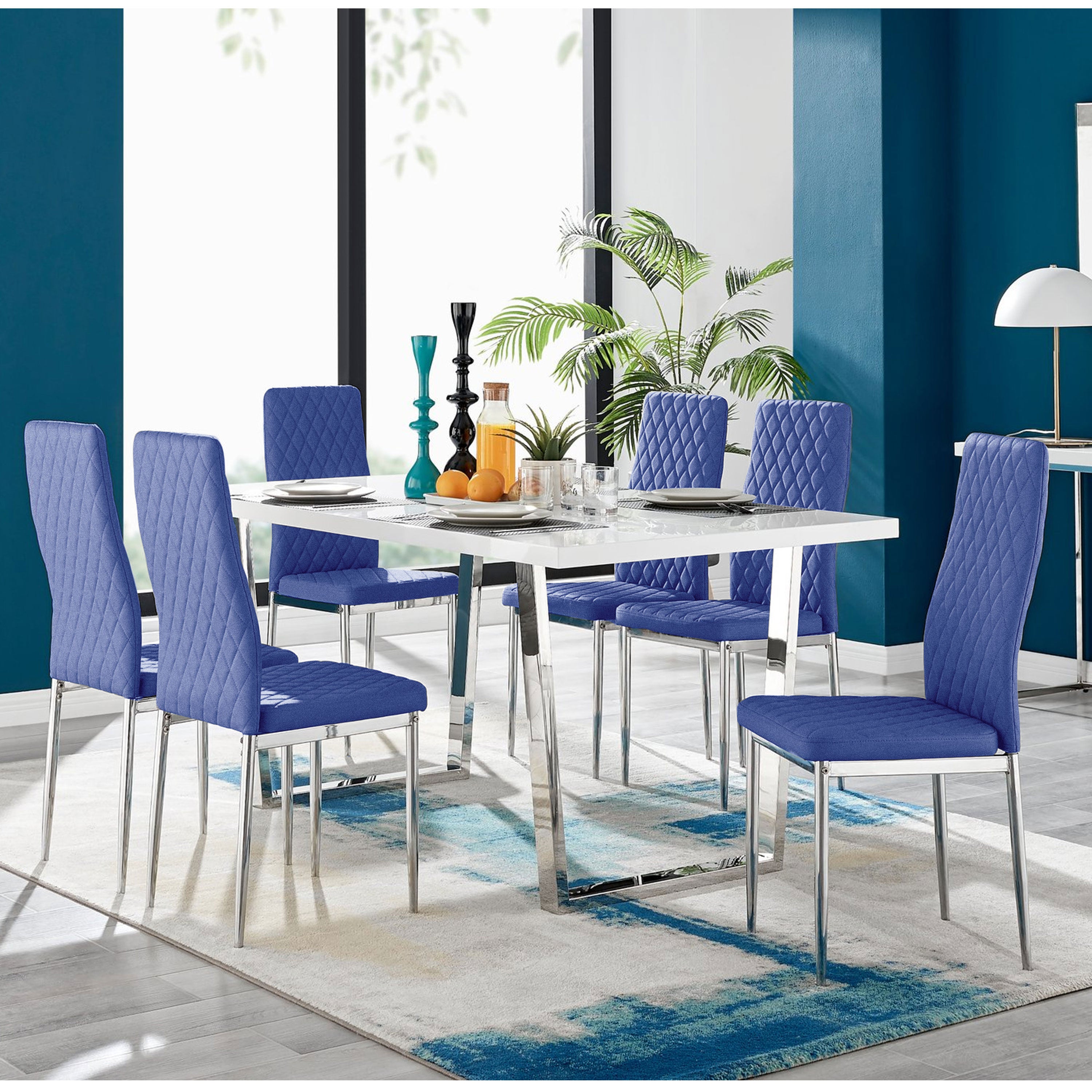 Dunloe Large High Gloss White Dining Table & Studio Velvet Chairs