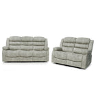 A light grey upholstered reclining loveseat and matching three-seat reclining sofa shown side by side on a plain white studio background.