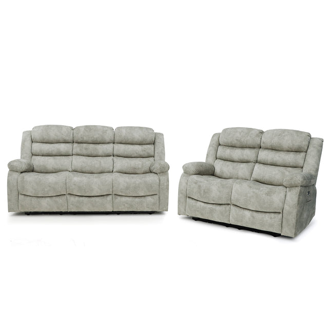 A light grey upholstered reclining loveseat and matching three-seat reclining sofa shown side by side on a plain white studio background.