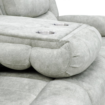 Close-up of a light grey textured recliner sofa with a padded armrest featuring two metallic cup holders, set against a white background.