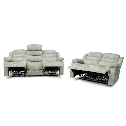 A light grey upholstered reclining sofa set shown on a white background, with one three-seat recliner on the left and a matching two-seat recliner on the right, both with extended footrests.