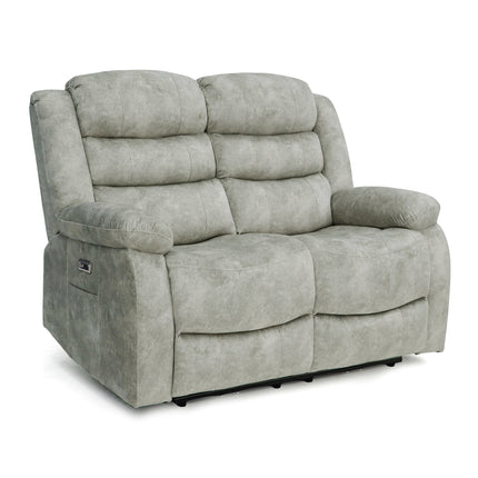 A light grey two-seater reclining loveseat with plush padded arms and back cushions, shown on a plain white background.