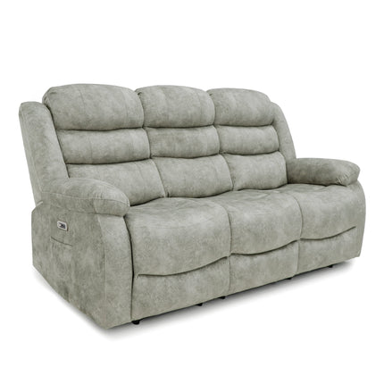 A three-seat power reclining loveseat in a textured light grey fabric, shown from a three-quarter angle on a white background.