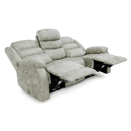 A light grey upholstered recliner sofa with two extended footrests, shown on a clean white background.