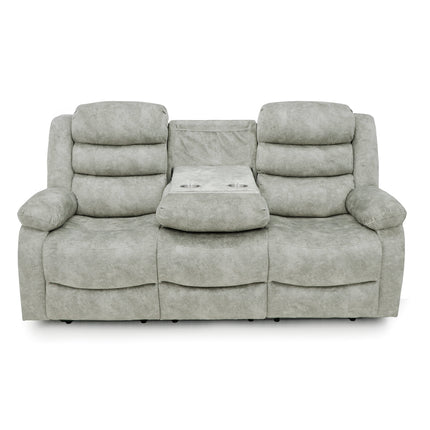 A light grey three-seat reclining loveseat with a center console table and two padded headrests, shown against a plain white background.