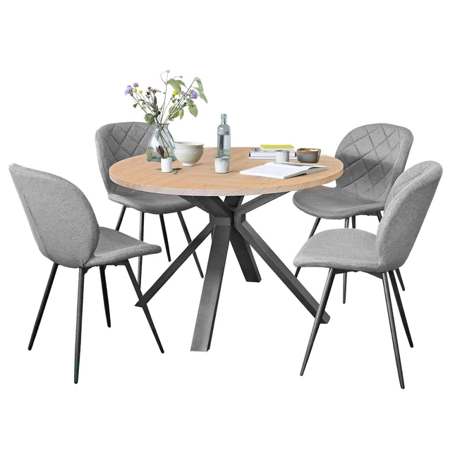 Filda - Contemporary Oak Herringbone Veneer Round Dining Table & 4 Astrid Grey Dining Chairs