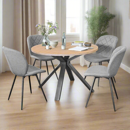 Filda - Contemporary Oak Herringbone Veneer Round Dining Table & 4 Astrid Grey Dining Chairs