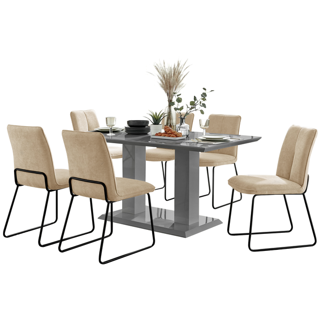 Atlanta - Grey Modern High Gloss Dining Table & Halle Beige Fabric Dining Chairs