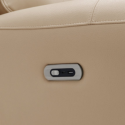 Close-up of a beige leather recliner chair showing a built-in control panel with a power button and USB charging port.