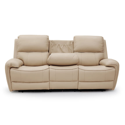 A beige three-seat power reclining sofa with padded headrests, armrests, and a matching center lumbar cushion, shown on a plain white studio background.