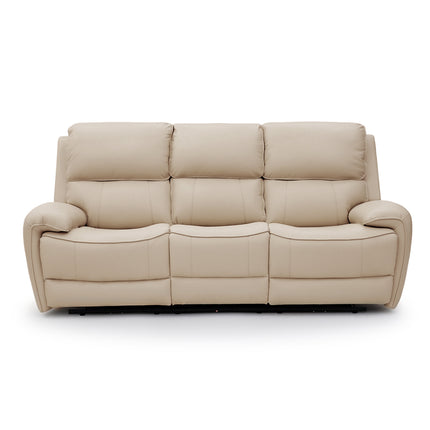 A three-seater power reclining sofa upholstered in light beige leather, shown from a front-facing perspective against a solid white background.