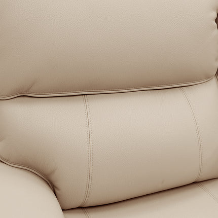 Close-up of a beige leather armchair showing the textured upholstery, stitching, and padded backrest.