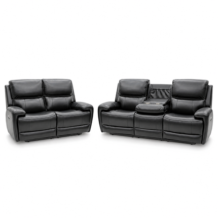 Intel - 3+2 Black Air Leather Electric Recliner with Drinks Tray