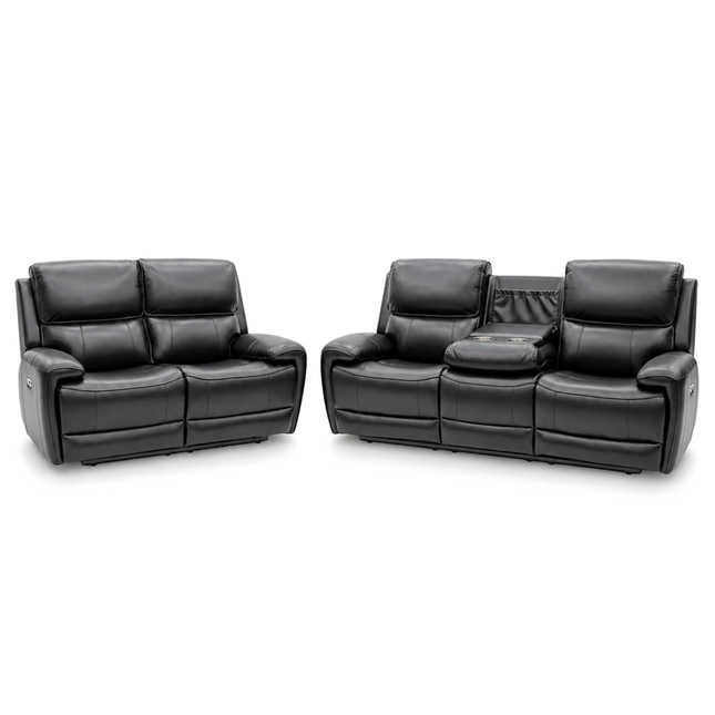 Intel - 3+2 Black Air Leather Electric Recliner with Drinks Tray