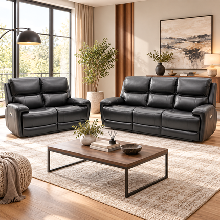Intel - 3+2 Black Air Leather Electric Recliner with Drinks Tray