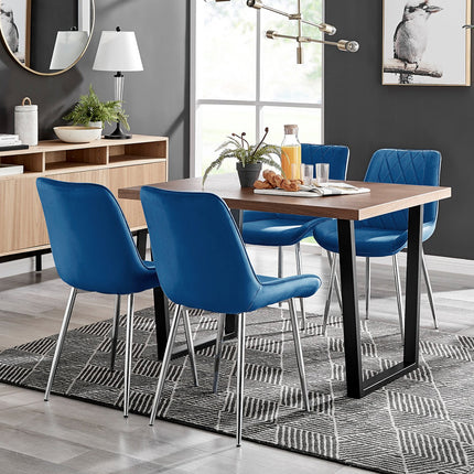 Kerry - Large Dark Oak Wood Effect Dining Table & 4 Maya Blue Velvet Dining Chairs