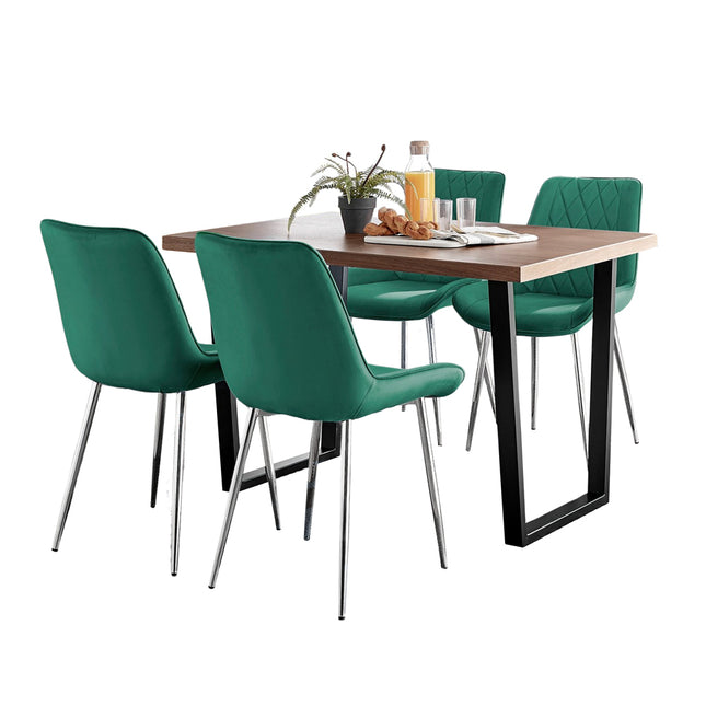 Kerry - Dark Oak Wood Effect Dining Table & 4 Maya Green Velvet Dining Chairs