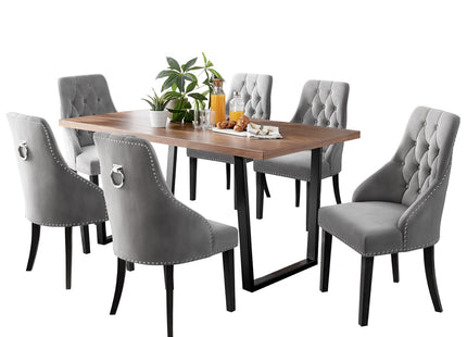 Kerry - Large Dark Oak Wood Effect Dining Table & Hilton Grey Velvet Upholstered Buttoned Dining Chair