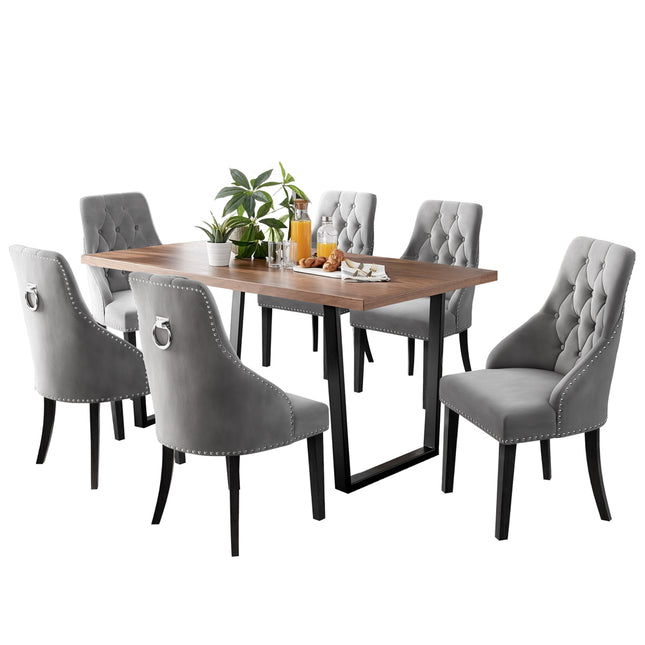 Kerry - Large Dark Oak Wood Effect Dining Table & Hilton Grey Velvet Upholstered Buttoned Dining Chair