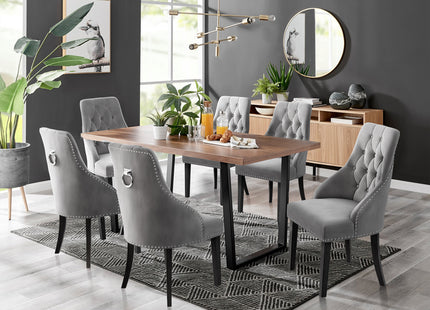 Kerry - Large Dark Oak Wood Effect Dining Table & Hilton Grey Velvet Upholstered Buttoned Dining Chair
