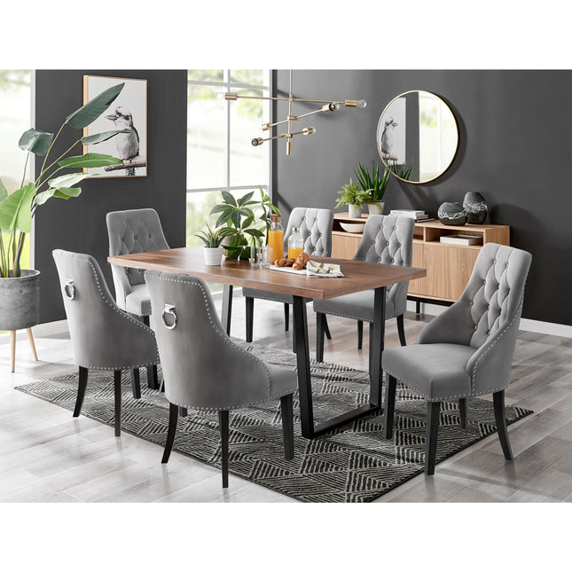 Kerry - Large Dark Oak Wood Effect Dining Table & Hilton Grey Velvet Upholstered Buttoned Dining Chair