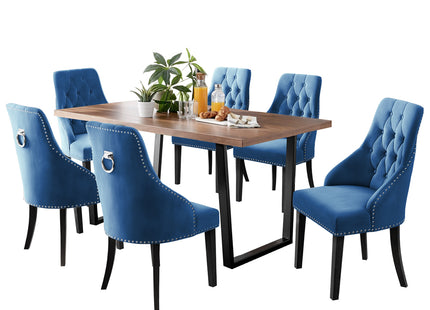 Kerry - Large Dark Oak Wood Effect Dining Table & Hilton Navy Blue Velvet Upholstered Buttoned Dining Chair