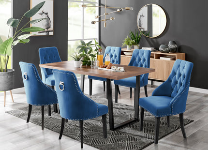 Kerry - Large Dark Oak Wood Effect Dining Table & Hilton Navy Blue Velvet Upholstered Buttoned Dining Chair