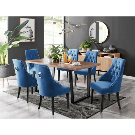 Kerry - Large Dark Oak Wood Effect Dining Table & Hilton Navy Blue Velvet Upholstered Buttoned Dining Chair