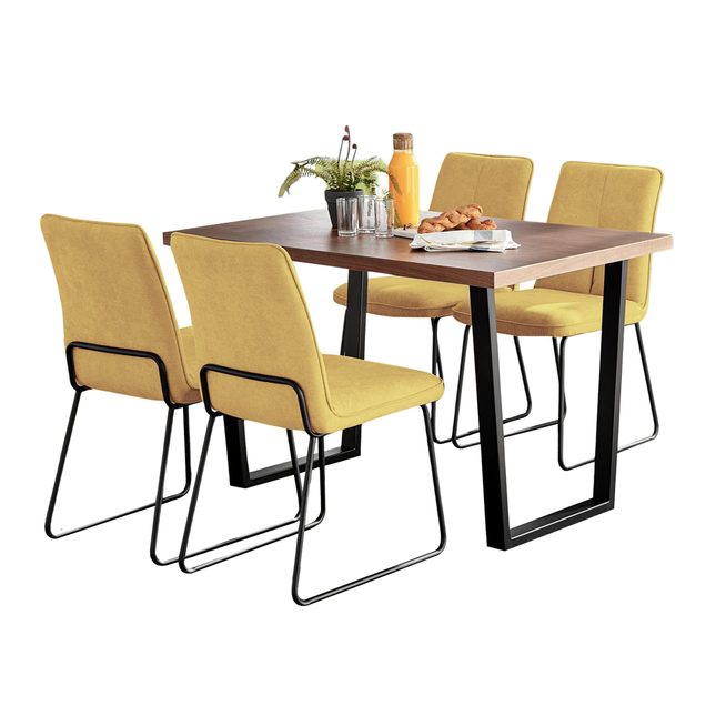Kerry - Dark Oak Wood Effect Dining Table & 4 Halle Mustard Fabric Dining Chairs