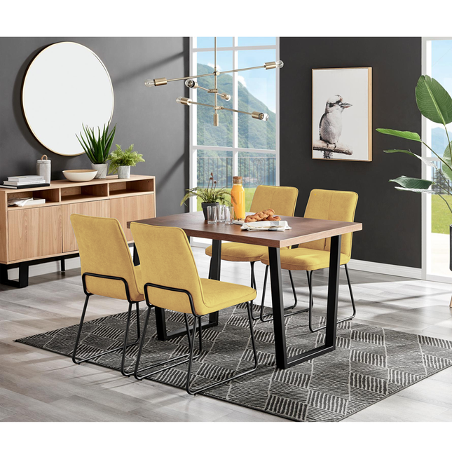 Kerry - Dark Oak Wood Effect Dining Table & 4 Halle Mustard Fabric Dining Chairs