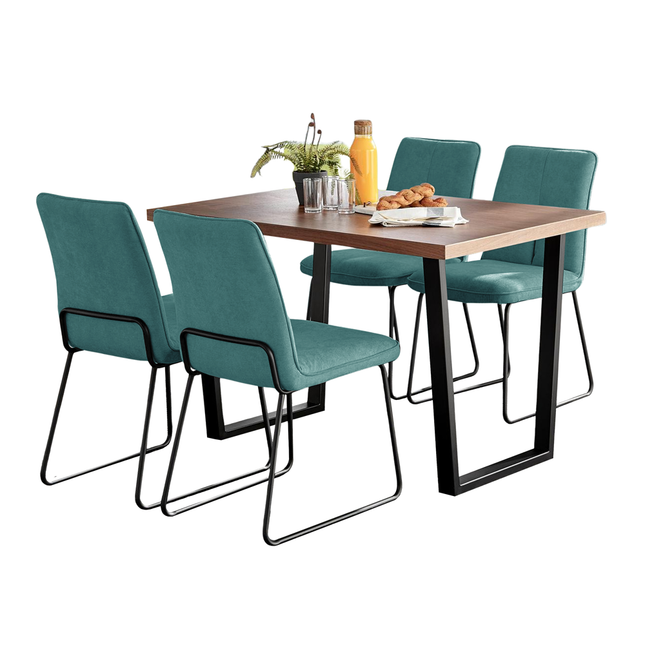 Kerry - Dark Oak Wood Effect Dining Table & 4 Halle Turquoise Fabric Dining Chairs