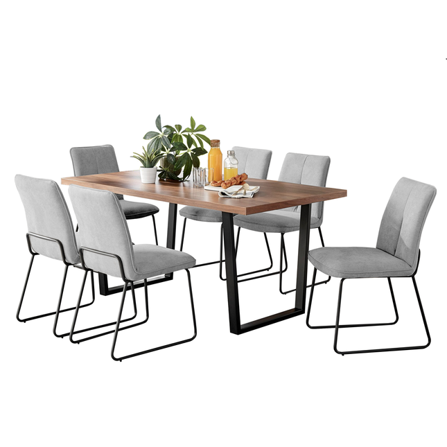 Kerry - Large Dark Oak Wood Effect Dining Table & Halle Light Grey Fabric Dining Chairs