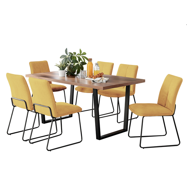 Kerry - Large Dark Oak Wood Effect Dining Table & Halle Mustard Fabric Dining Chairs