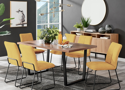 Kerry - Large Dark Oak Wood Effect Dining Table & Halle Mustard Fabric Dining Chairs