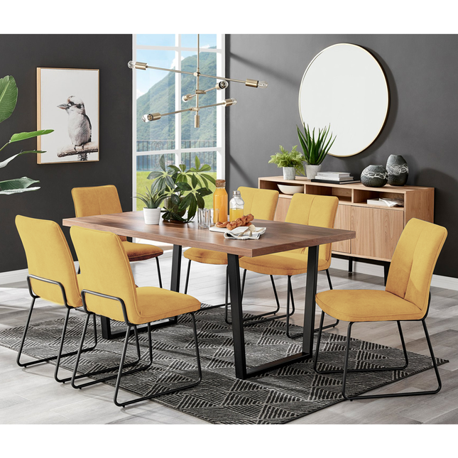 Kerry - Large Dark Oak Wood Effect Dining Table & Halle Mustard Fabric Dining Chairs