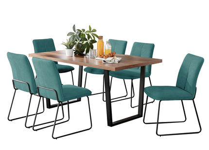 Kerry - Large Dark Oak Wood Effect Dining Table & Halle Turquoise Fabric Dining Chairs