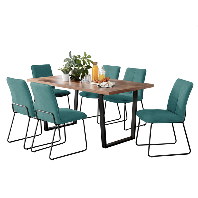 Kerry - Large Dark Oak Wood Effect Dining Table & Halle Turquoise Fabric Dining Chairs