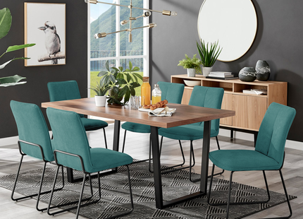 Kerry - Large Dark Oak Wood Effect Dining Table & Halle Turquoise Fabric Dining Chairs