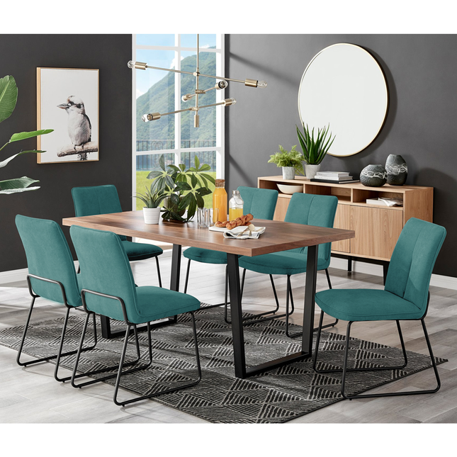 Kerry - Large Dark Oak Wood Effect Dining Table & Halle Turquoise Fabric Dining Chairs