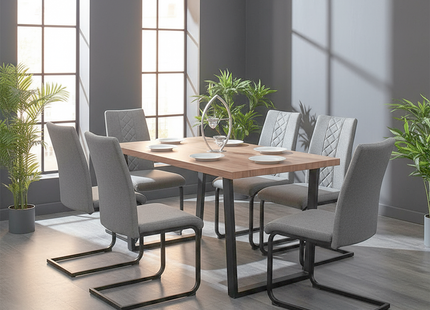 Kerry - Large Dark Oak Wood Effect Dining Table & Hugo Grey Fabric Dining Chairs