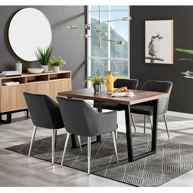 Kerry - Dark Oak Wood Effect Dining Table & 4 Calla Black Velvet Chrome Leg Luxury Dining Chair