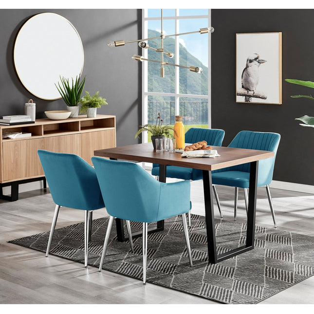 Kerry - Dark Oak Wood Effect Dining Table & 4 Calla Blue Velvet Chrome Leg Luxury Dining Chair