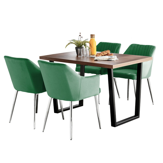 Kerry - Dark Oak Wood Effect Dining Table & 4 Calla Green Velvet Chrome Leg Luxury Dining Chair