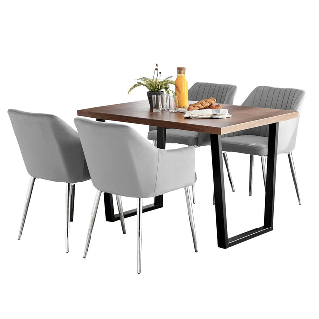 Kerry - Dark Oak Wood Effect Dining Table & 4 Calla Grey Velvet Chrome Leg Luxury Dining Chair