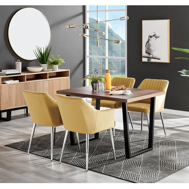 Kerry - Dark Oak Wood Effect Dining Table & 4 Calla Yellow Velvet Chrome Leg Luxury Dining Chair