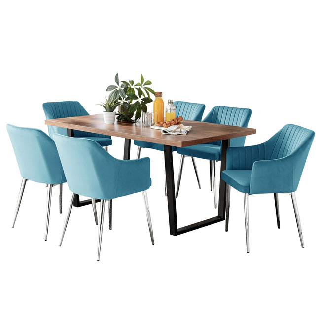 Kerry - Large Dark Oak Wood Effect Dining Table & Calla Blue Velvet Chrome Leg Luxury Dining Chair