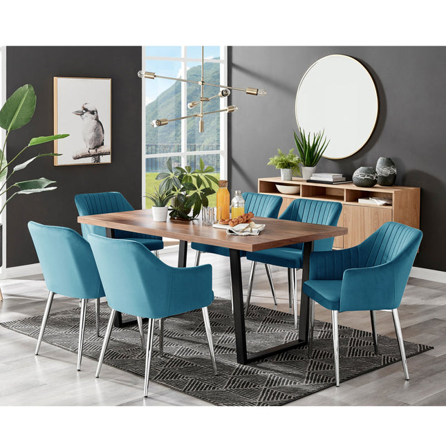 Kerry - Large Dark Oak Wood Effect Dining Table & Calla Blue Velvet Chrome Leg Luxury Dining Chair