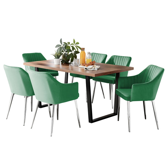 Kerry - Large Dark Oak Wood Effect Dining Table & Calla Green Velvet Chrome Leg Luxury Dining Chair