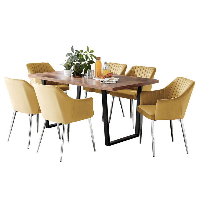 Kerry - Large Dark Oak Wood Effect Dining Table & Calla Yellow Velvet Chrome Leg Luxury Dining Chair
